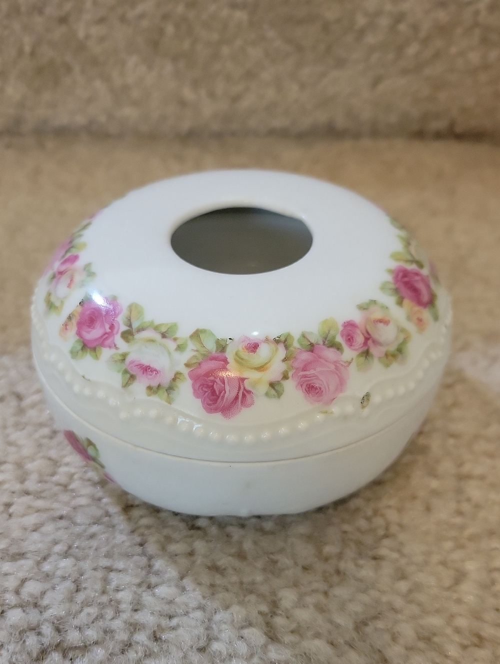 Vtg Antique Porcelain Hair Reciever Dresser Box w Roses - Snd PK Silesia - H20